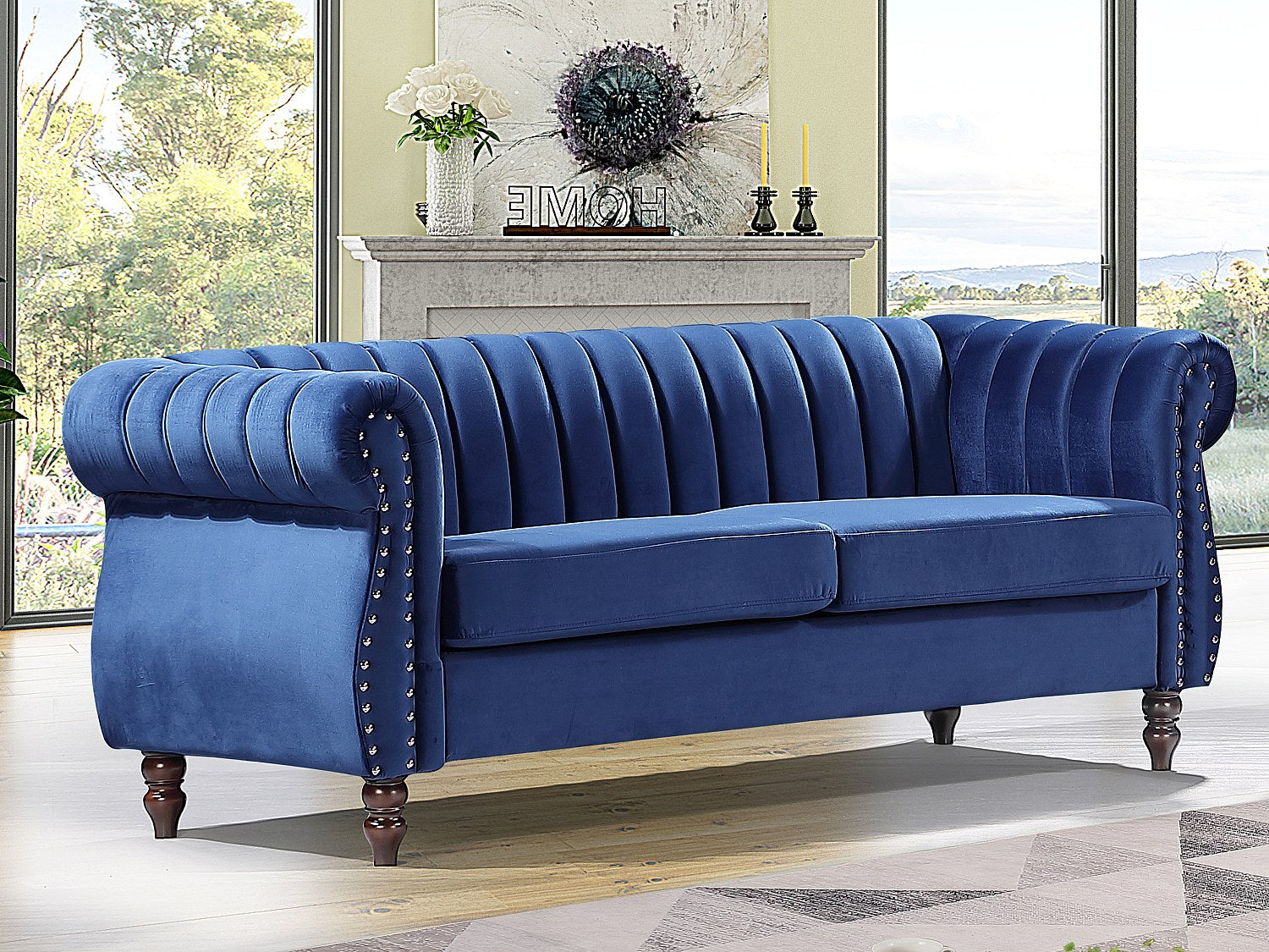 Canapé Chesterfield droit 3 places bleu velours - Trumbo