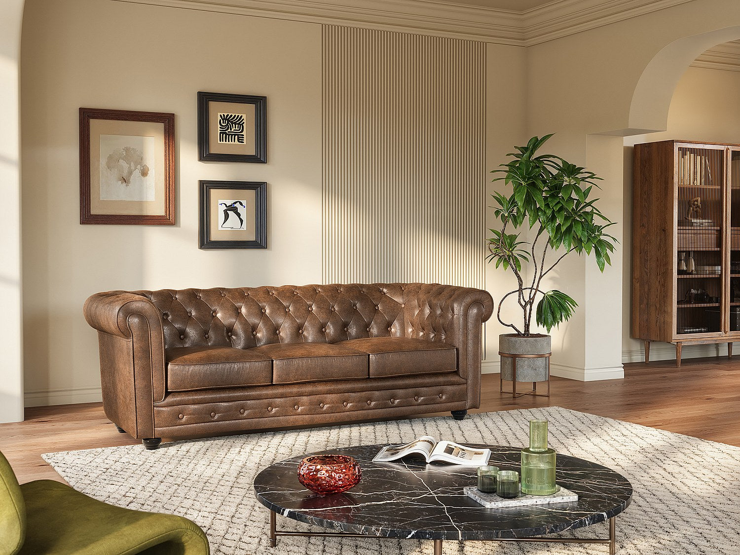 Canapé Chesterfield droit 3 places marron tissu