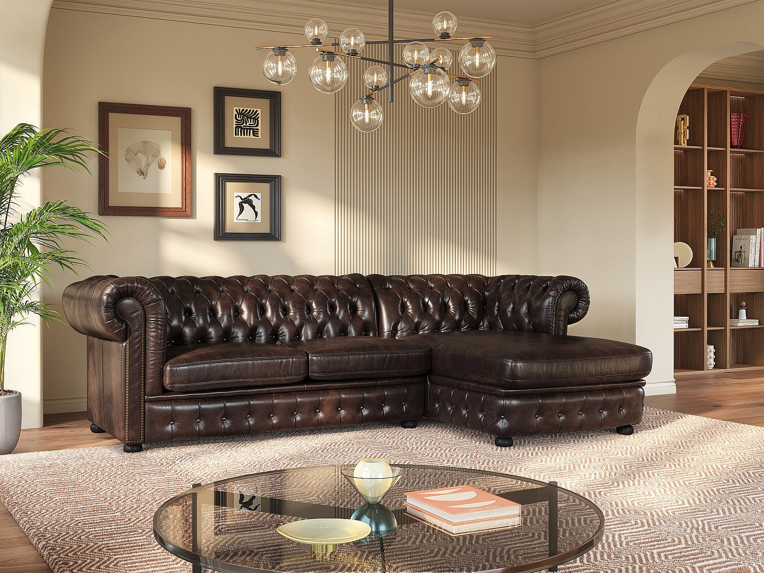 Canapé Chesterfield angle marron cuir - Brenton