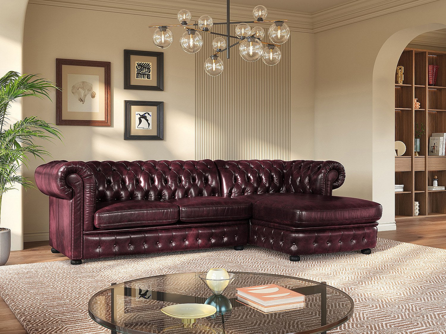 Canapé Chesterfield angle rouge cuir - Brenton