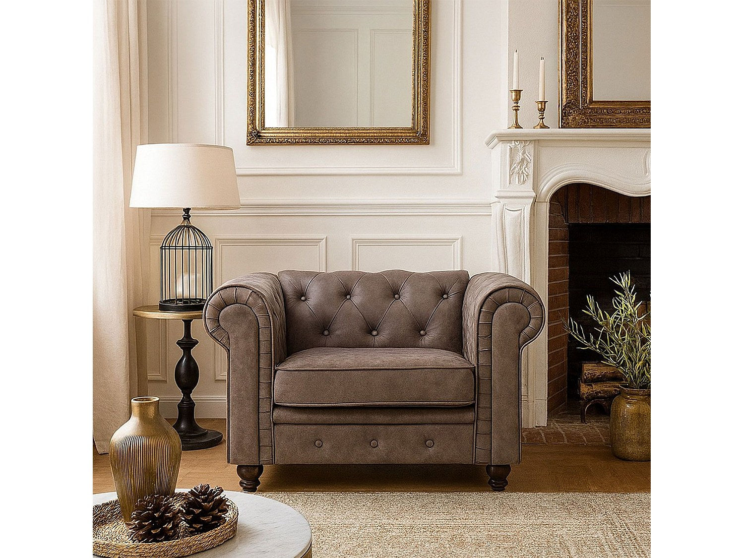Fauteuil Chesterfield marron tissu