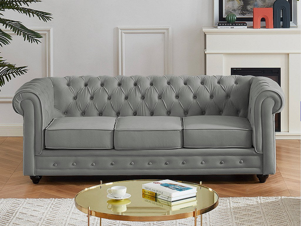 Canapé Chesterfield droit 3 places gris velours