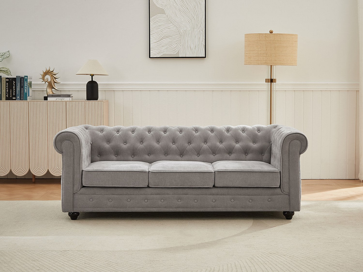 Canapé Chesterfield droit 3 places gris tissu