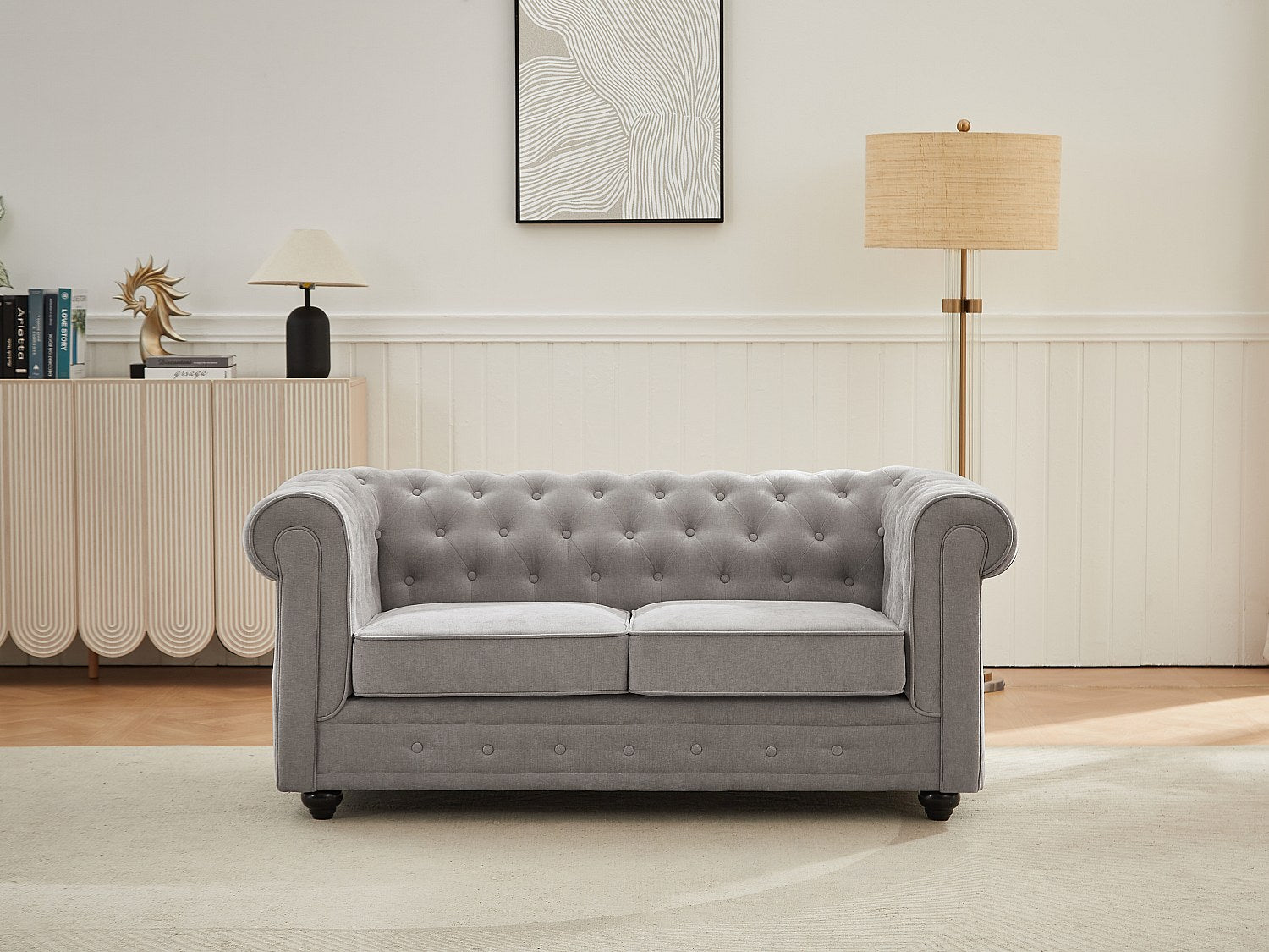 Canapé Chesterfield droit 2 places gris tissu
