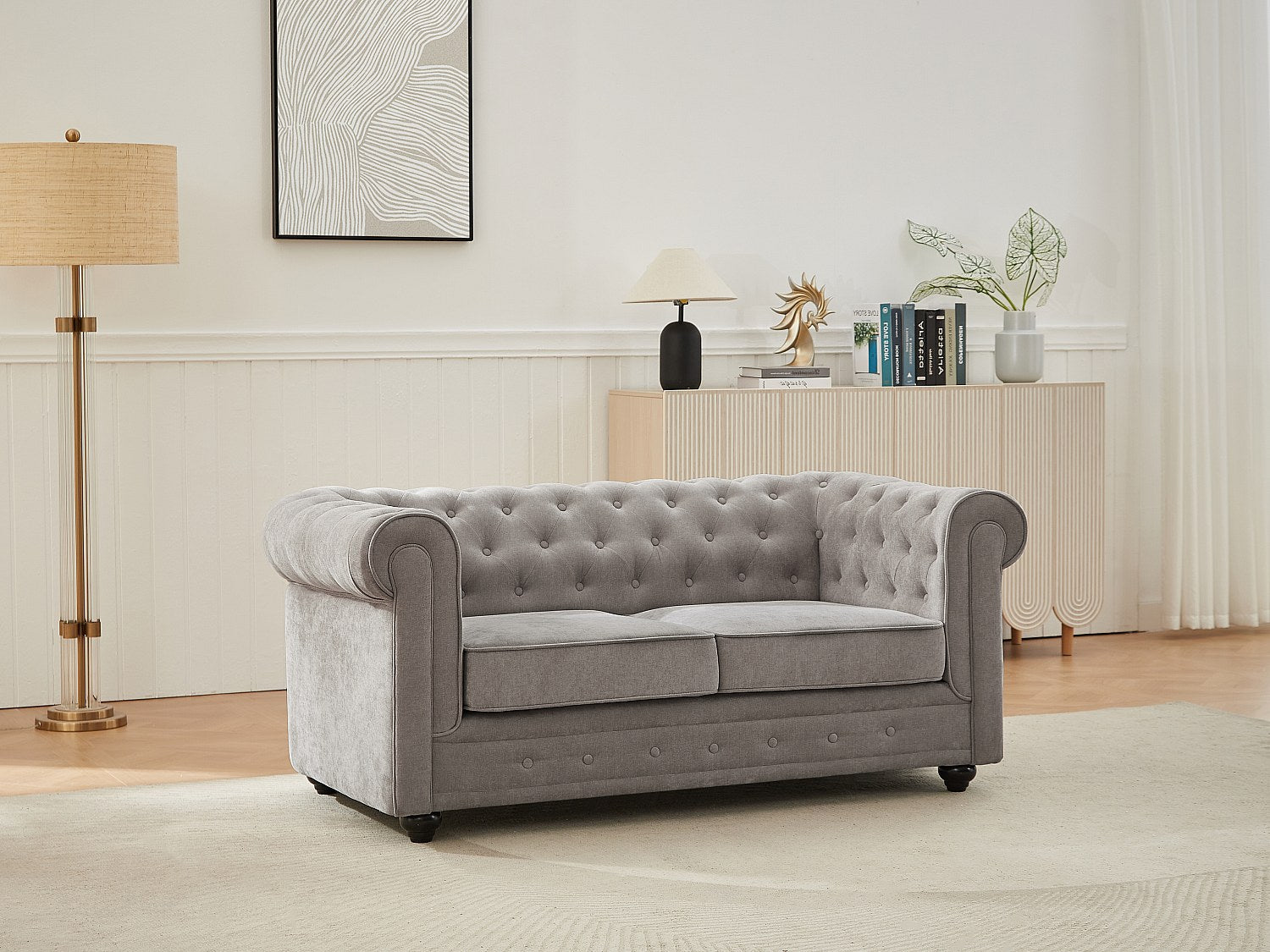 Canapé Chesterfield droit 2 places gris tissu