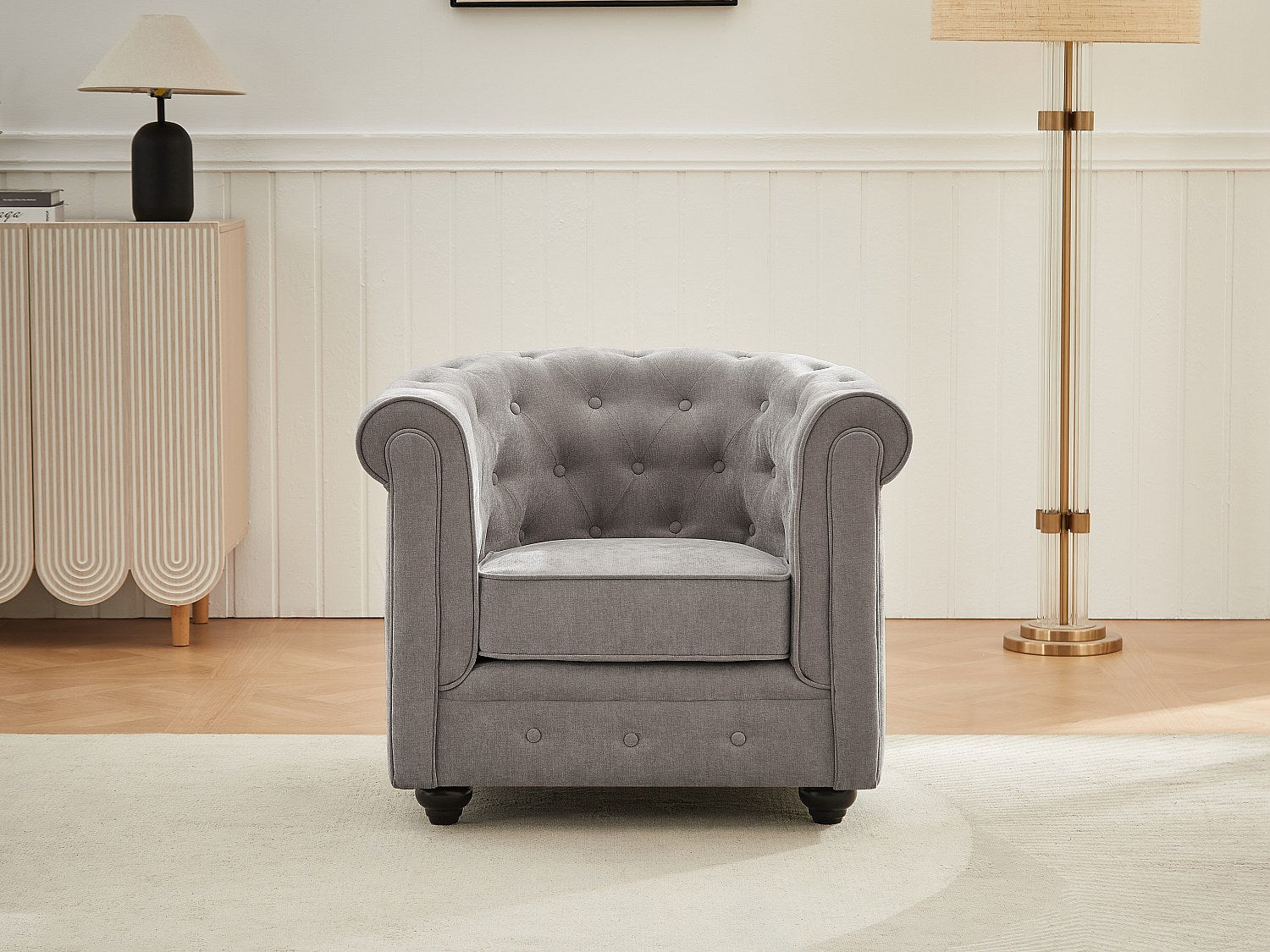 Fauteuil Chesterfield gris tissu