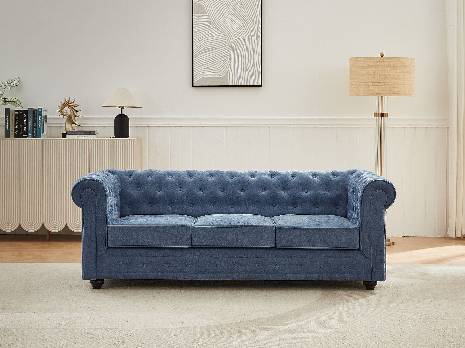 Canapé Chesterfield droit 3 places bleu tissu