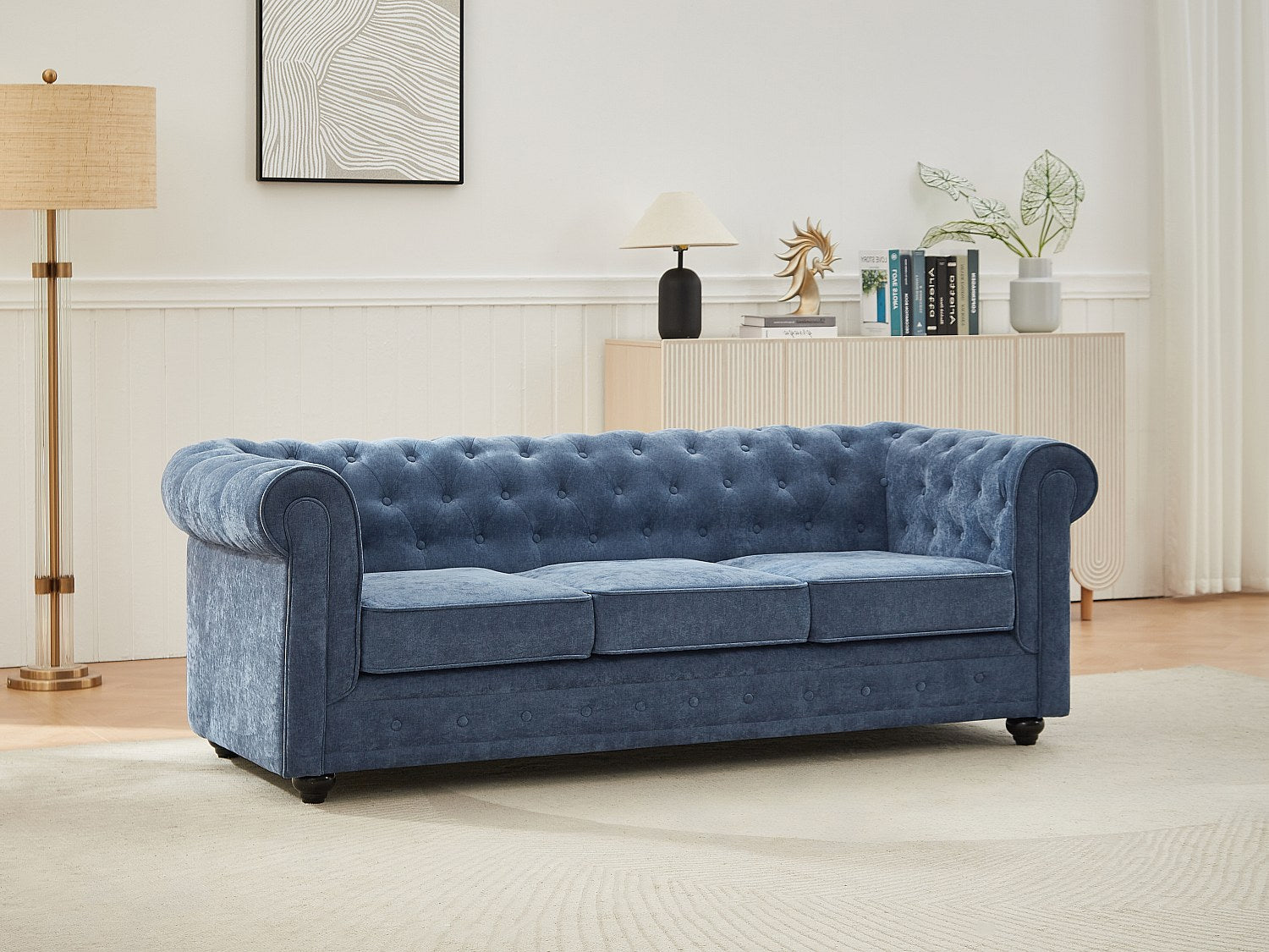 Canapé Chesterfield droit 3 places bleu tissu