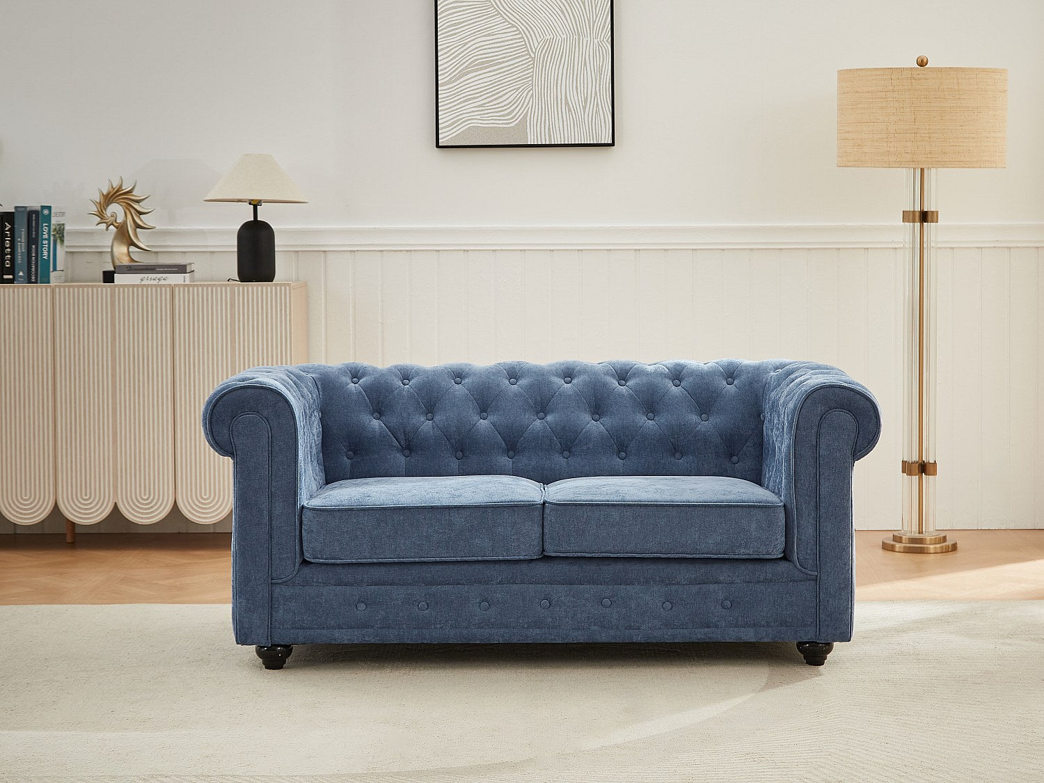 Canapé Chesterfield droit 2 places bleu tissu