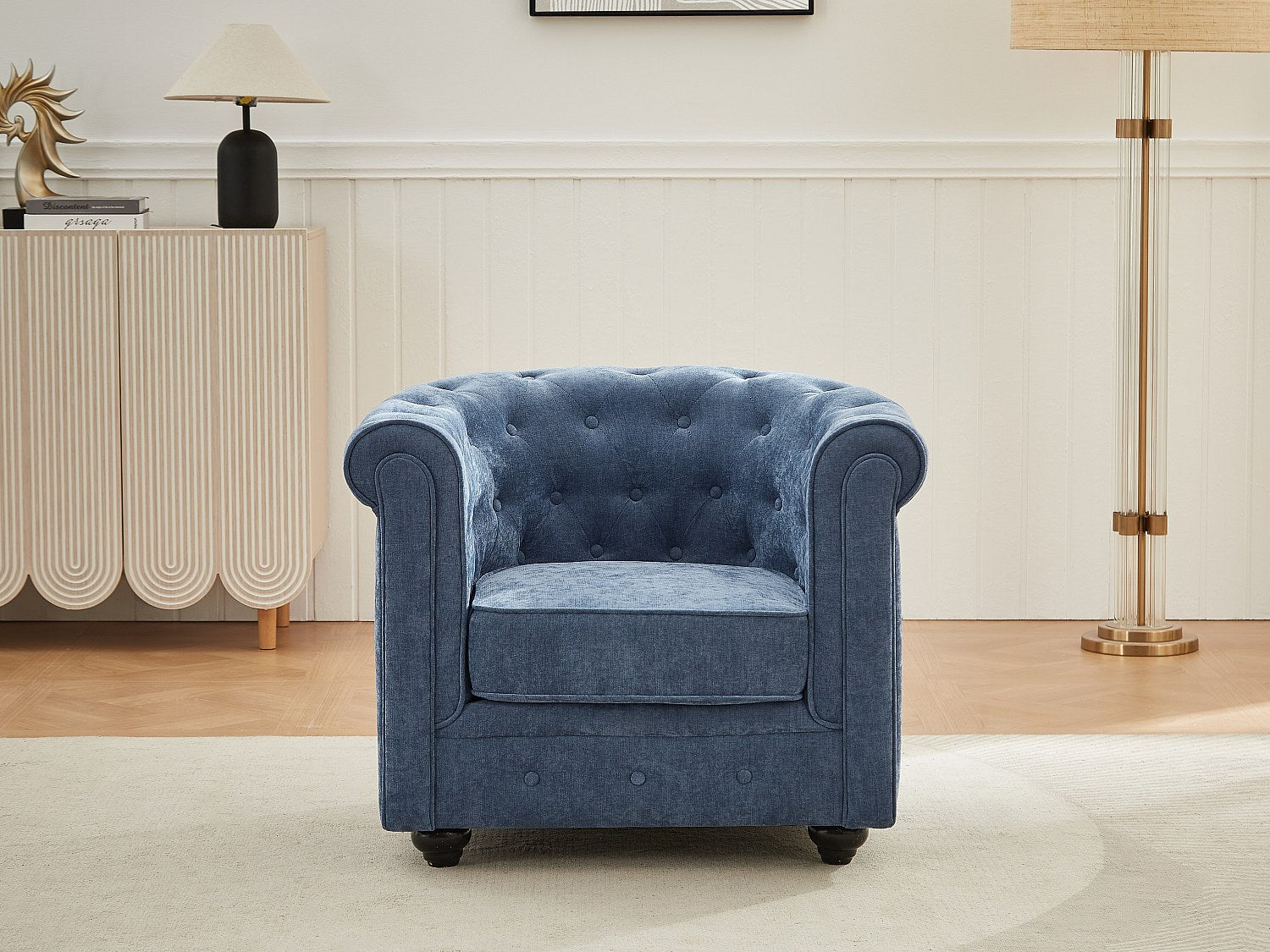 Fauteuil Chesterfield bleu tissu