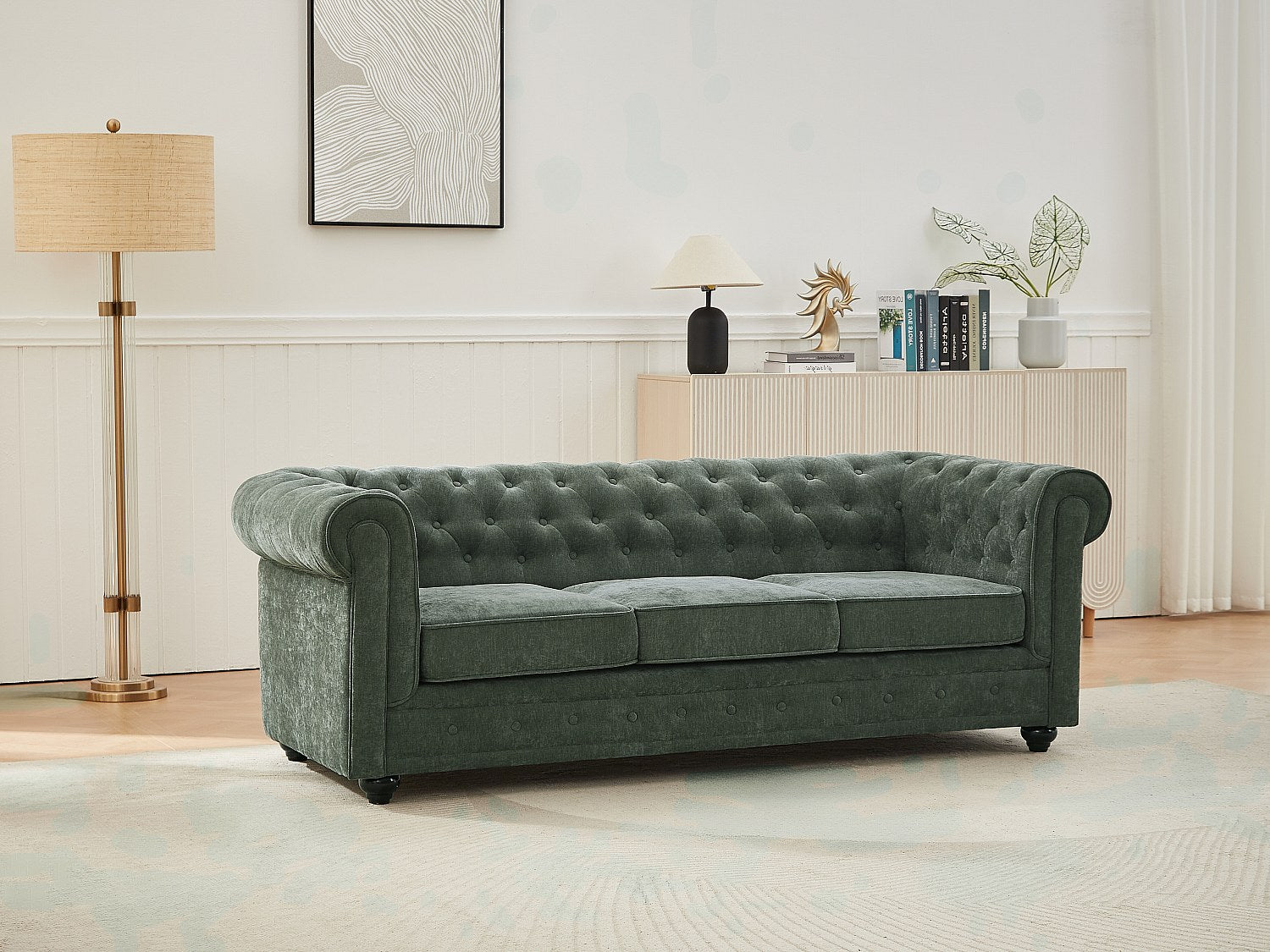 Canapé Chesterfield droit 3 places vert tissu
