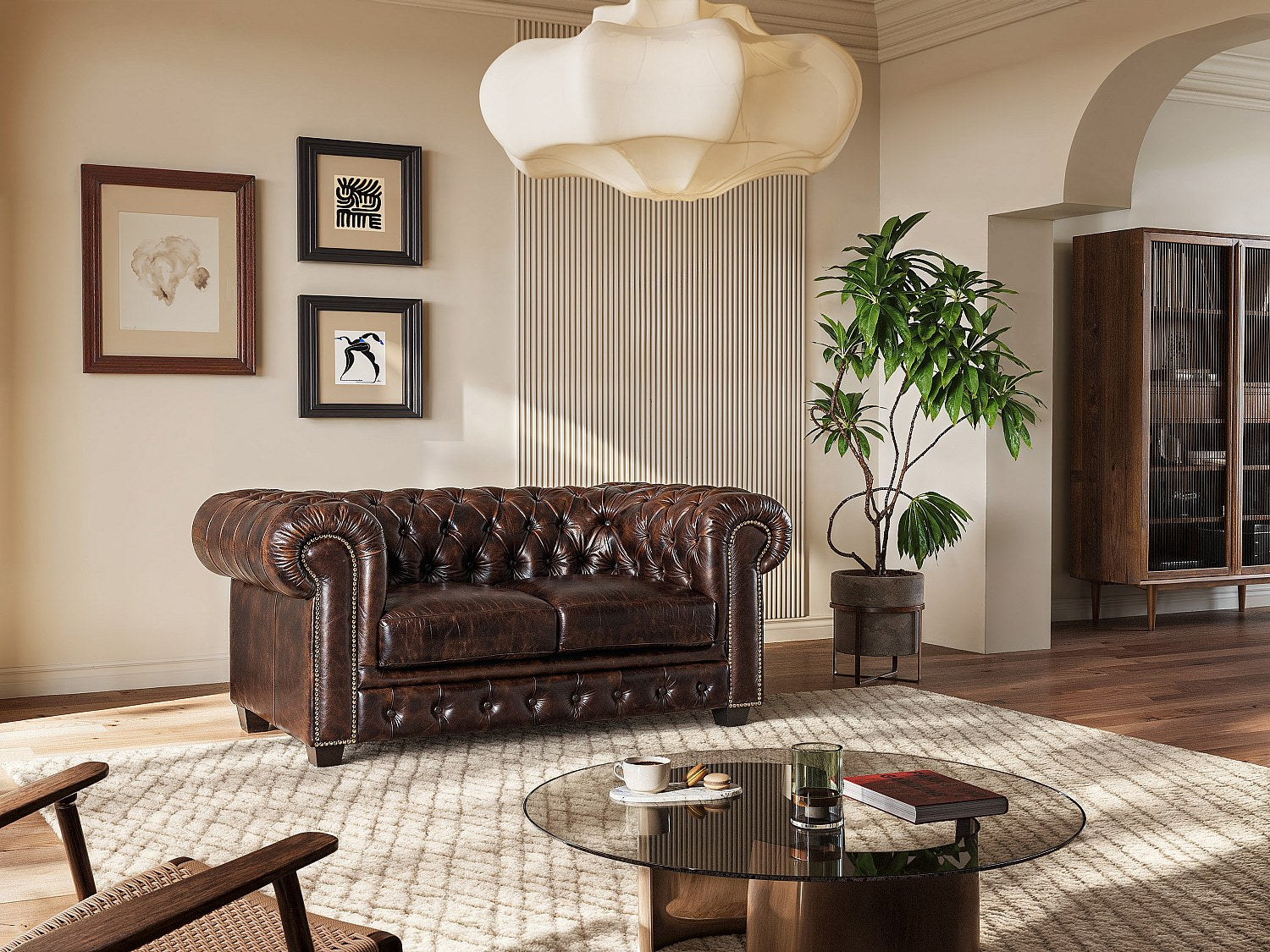 Canapé Chesterfield droit 2 places marron cuir - Brenton