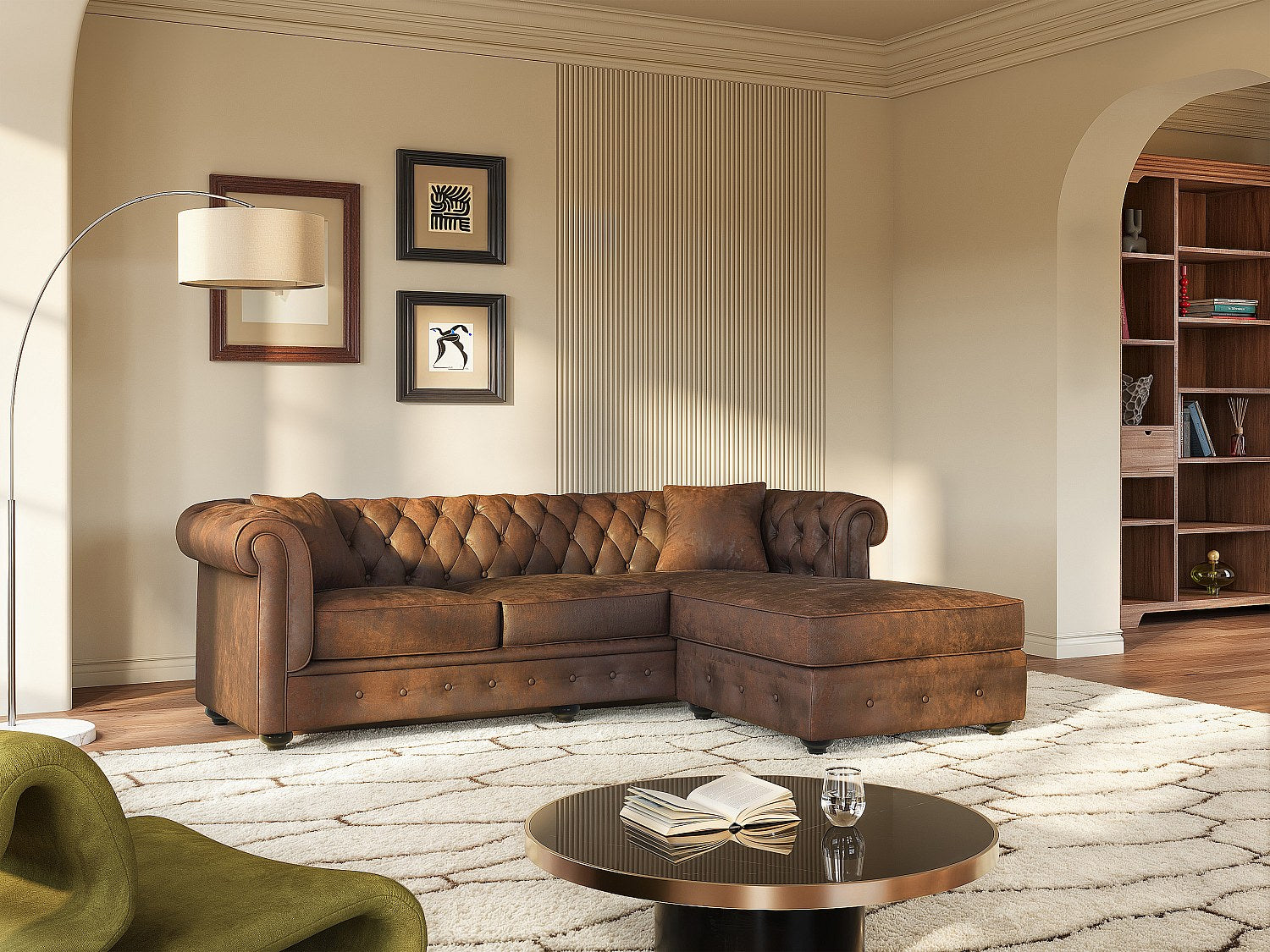 Canapé Chesterfield angle marron tissu - Toledo