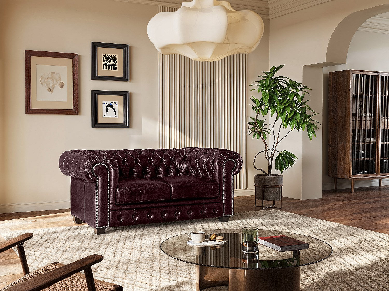 Canapé Chesterfield droit 2 places rouge cuir - Brenton