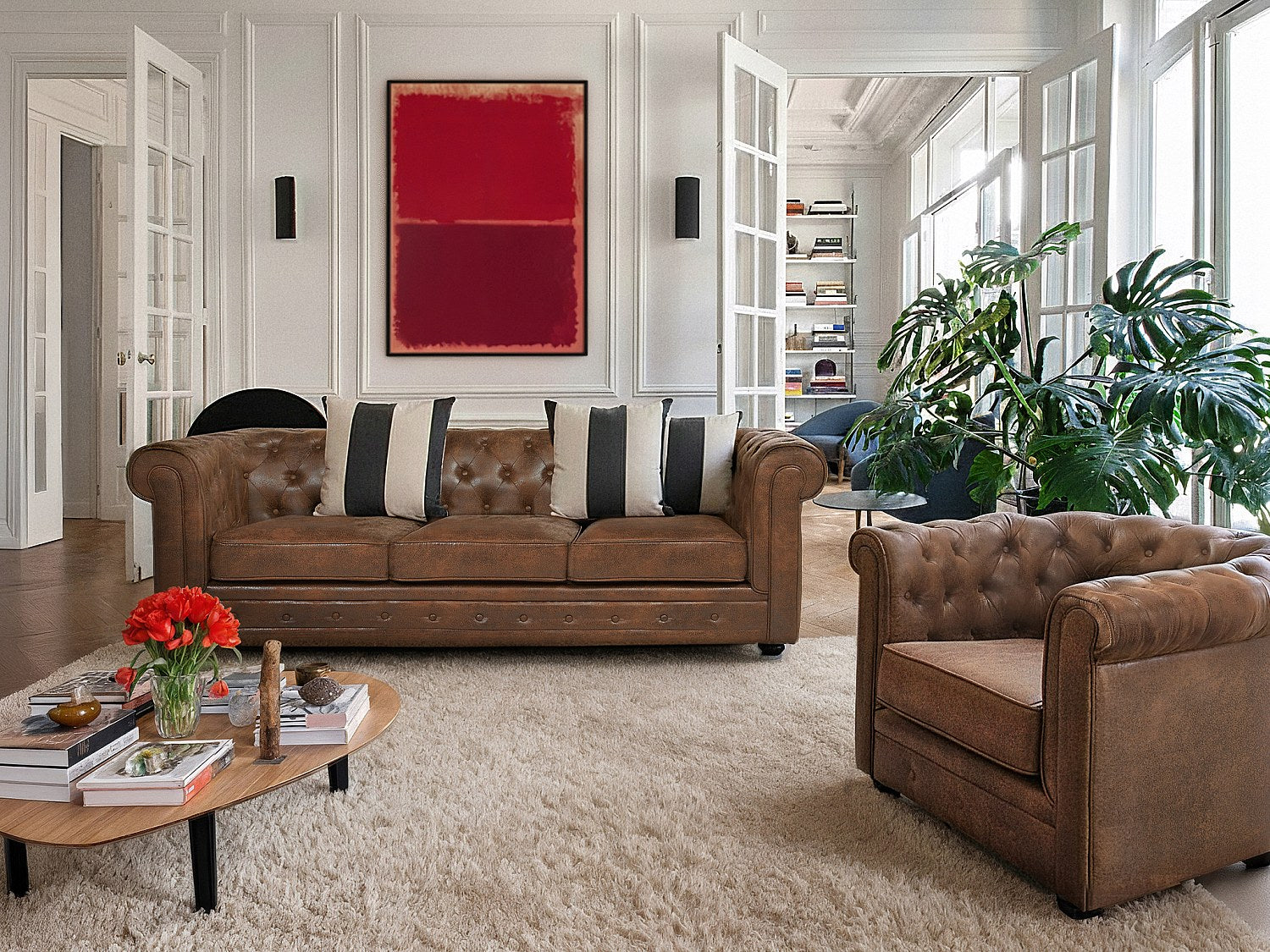Lot de 2 fauteuils Chesterfield marron tissu