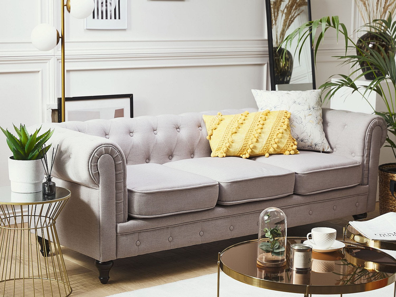 Canapé Chesterfield droit 3 places gris tissu