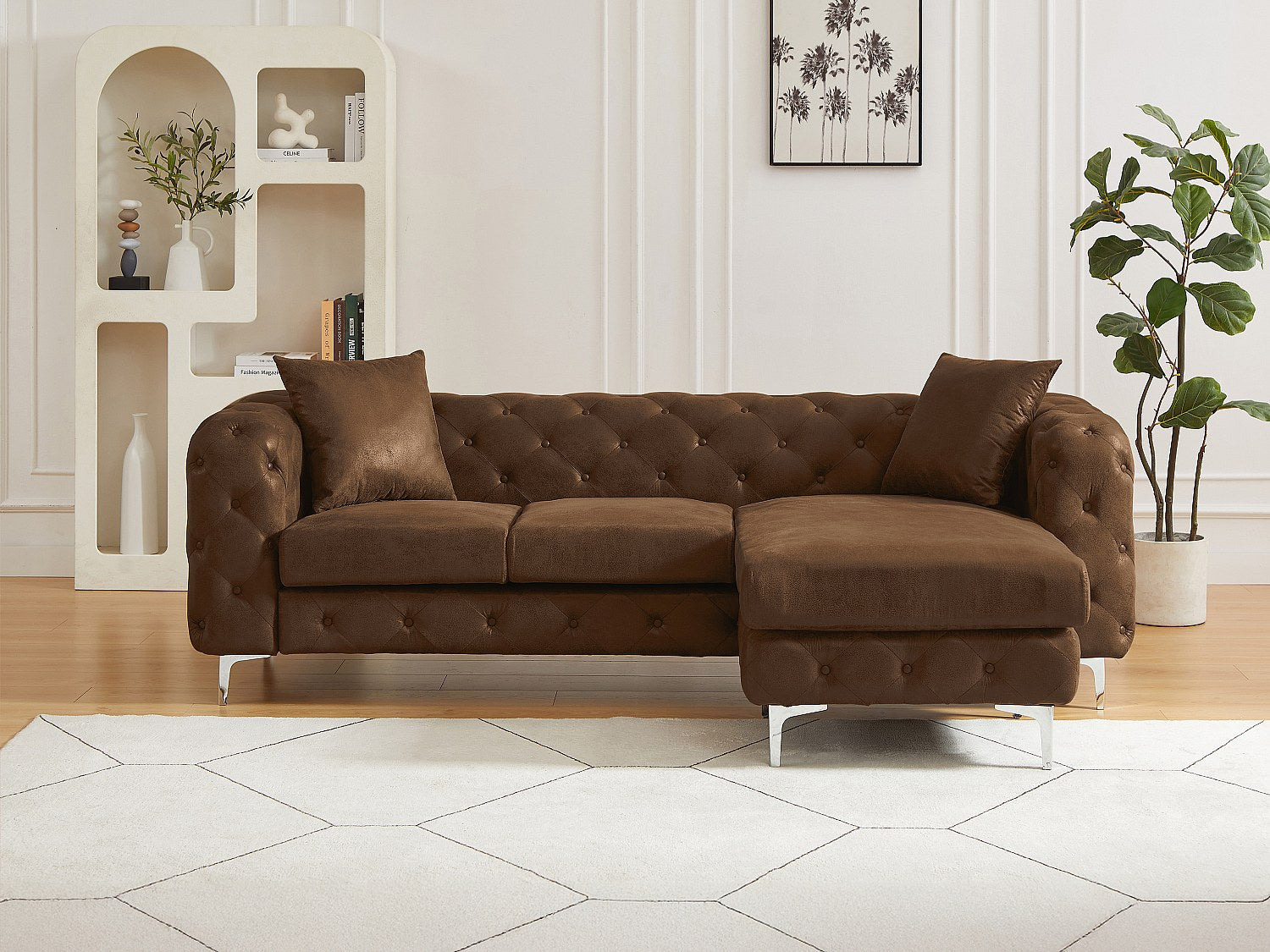 Canapé Chesterfield angle marron tissu - Edwina