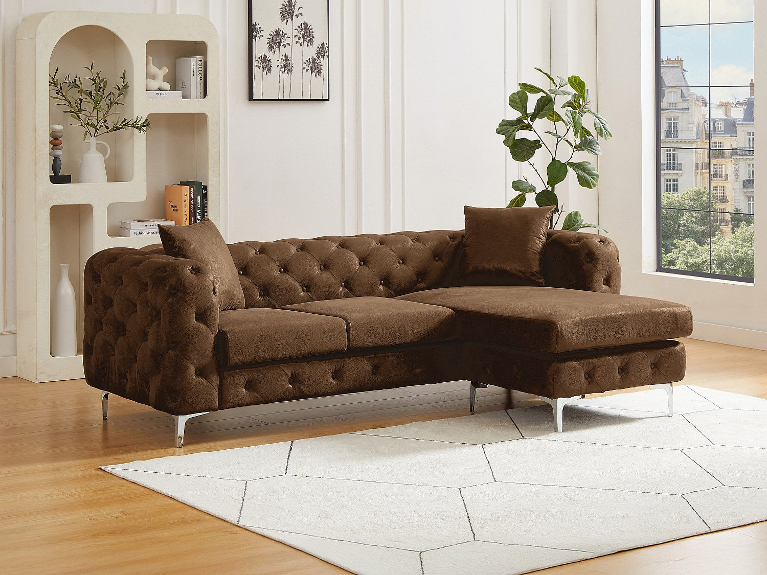 Canapé Chesterfield angle marron tissu - Edwina