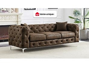 Canapé Chesterfield droit 3 places marron tissu - Edwina