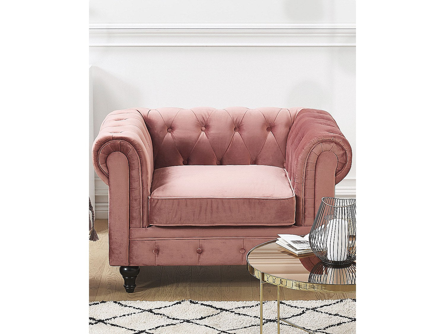 Fauteuil Chesterfield rose velours