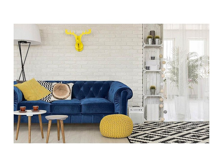 Canapé Chesterfield droit 3 places bleu velours