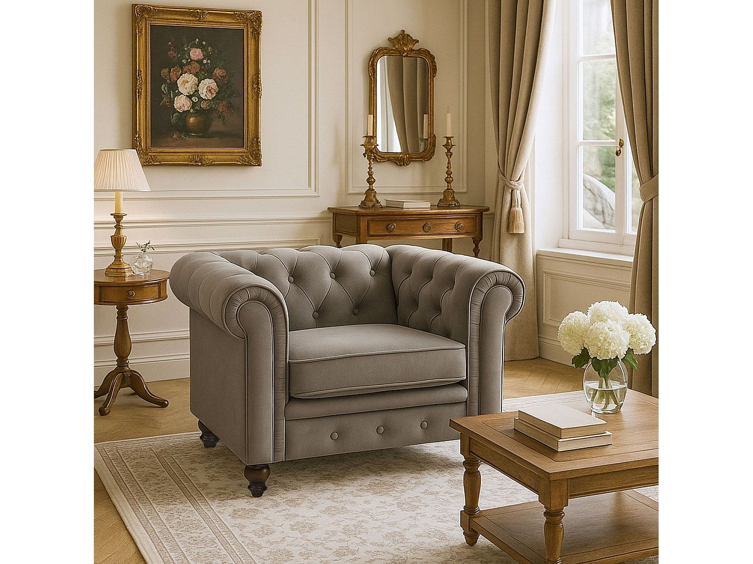 Fauteuil Chesterfield taupe velours