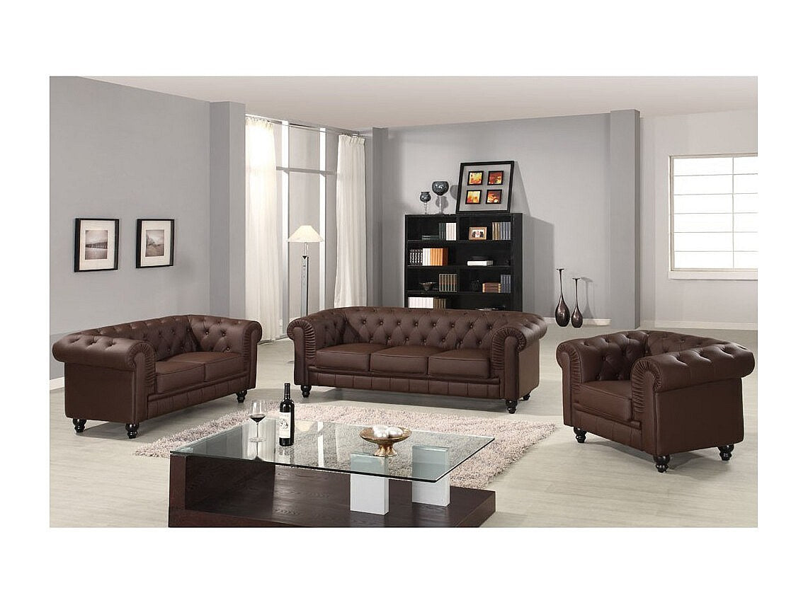 Canapé Chesterfield droit 2 places marron simili cuir