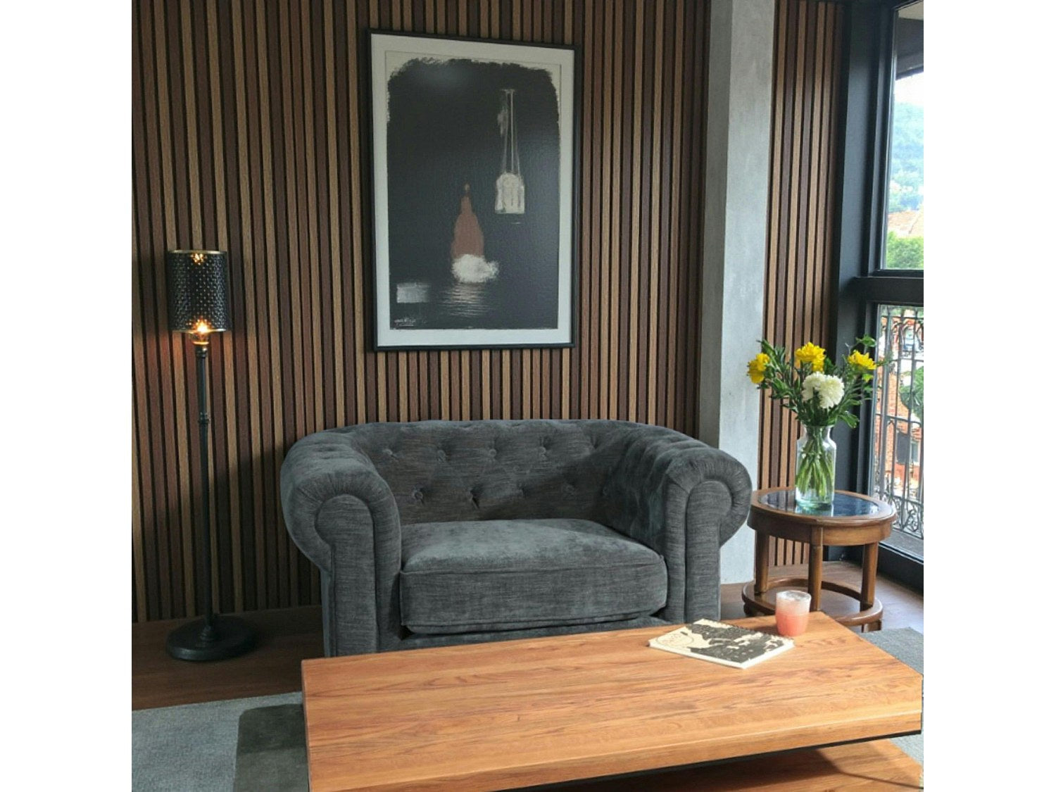 Fauteuil Chesterfield gris tissu