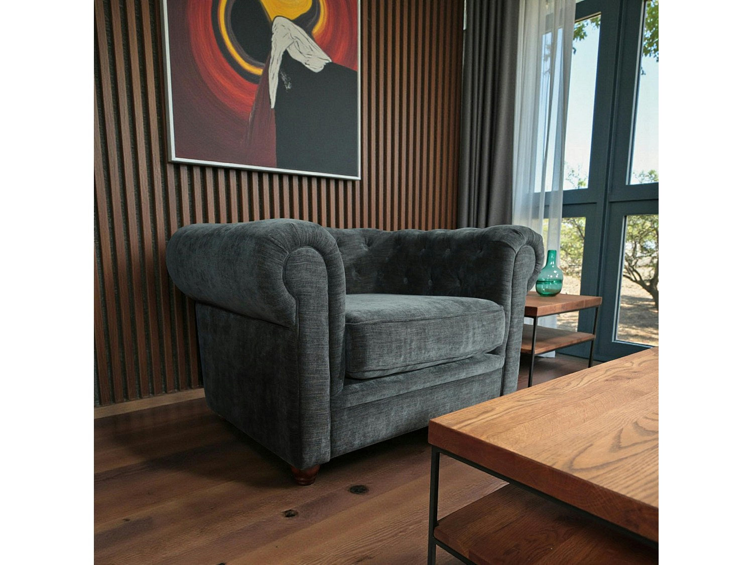 Fauteuil Chesterfield gris tissu