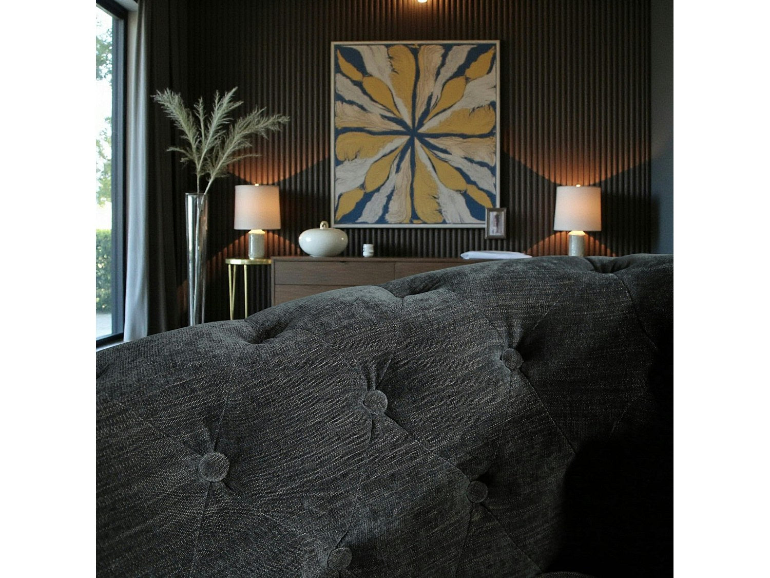 Fauteuil Chesterfield gris tissu