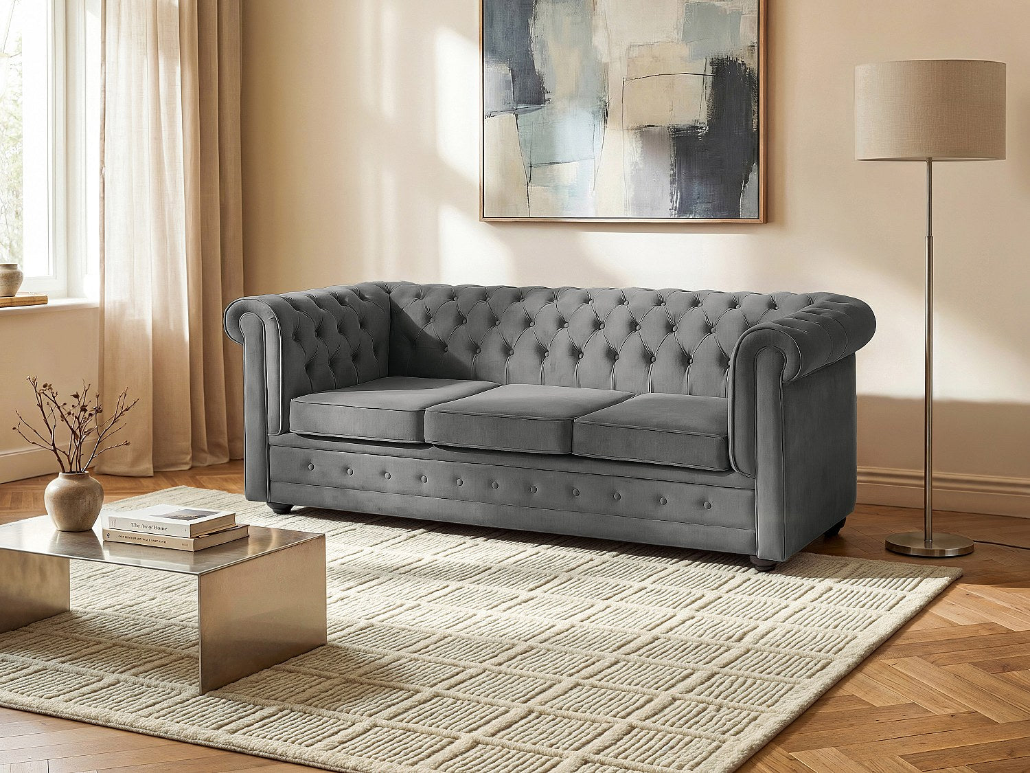Canapé Chesterfield convertible 3 places gris velours
