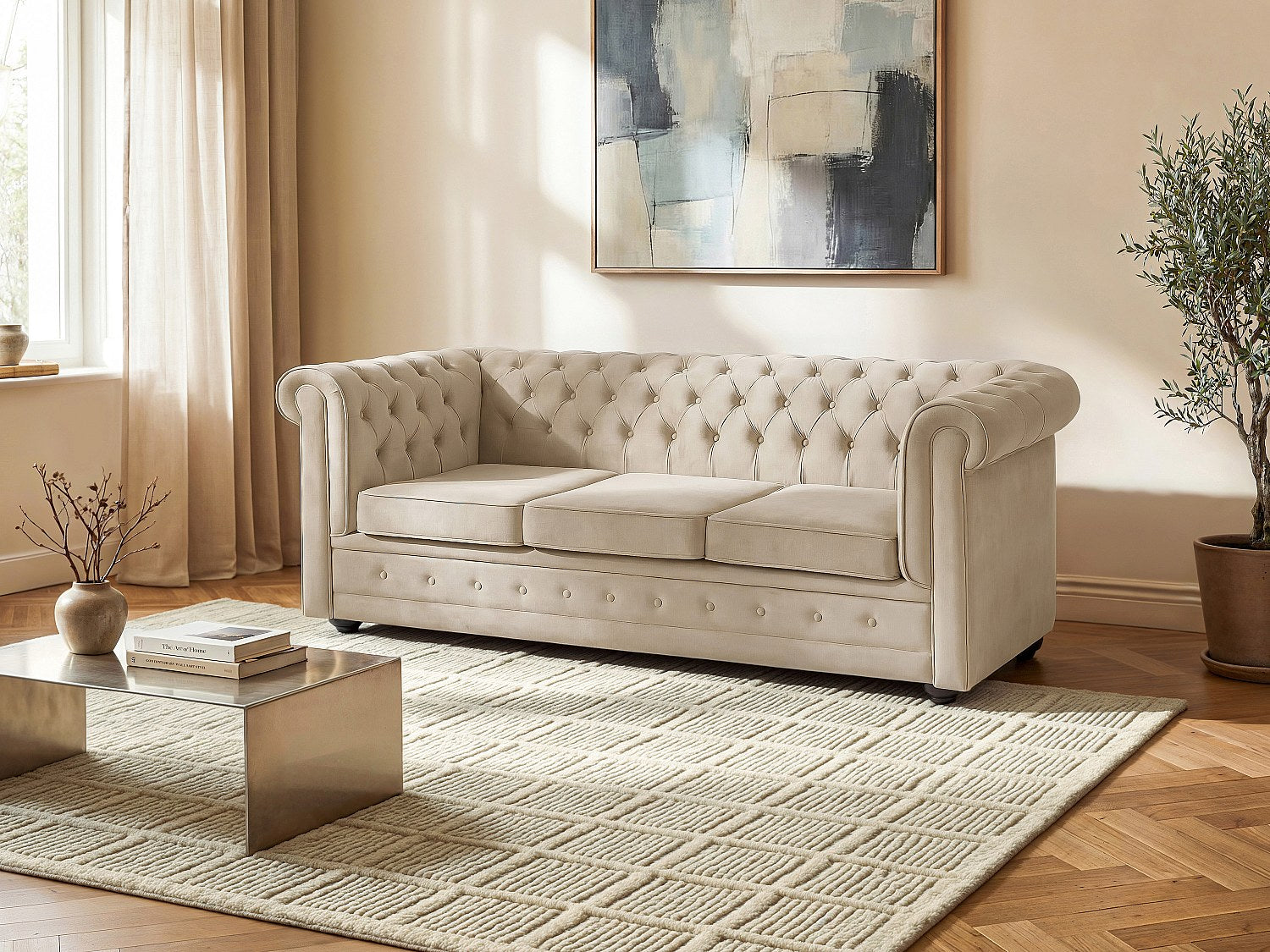 Canapé Chesterfield convertible 3 places beige velours