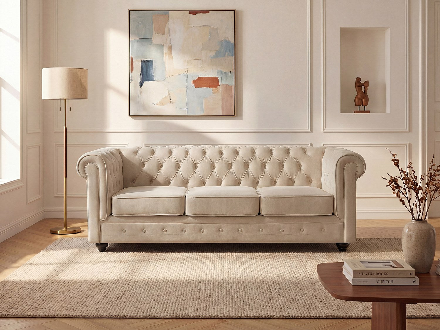 Canapé Chesterfield droit 3 places beige velours