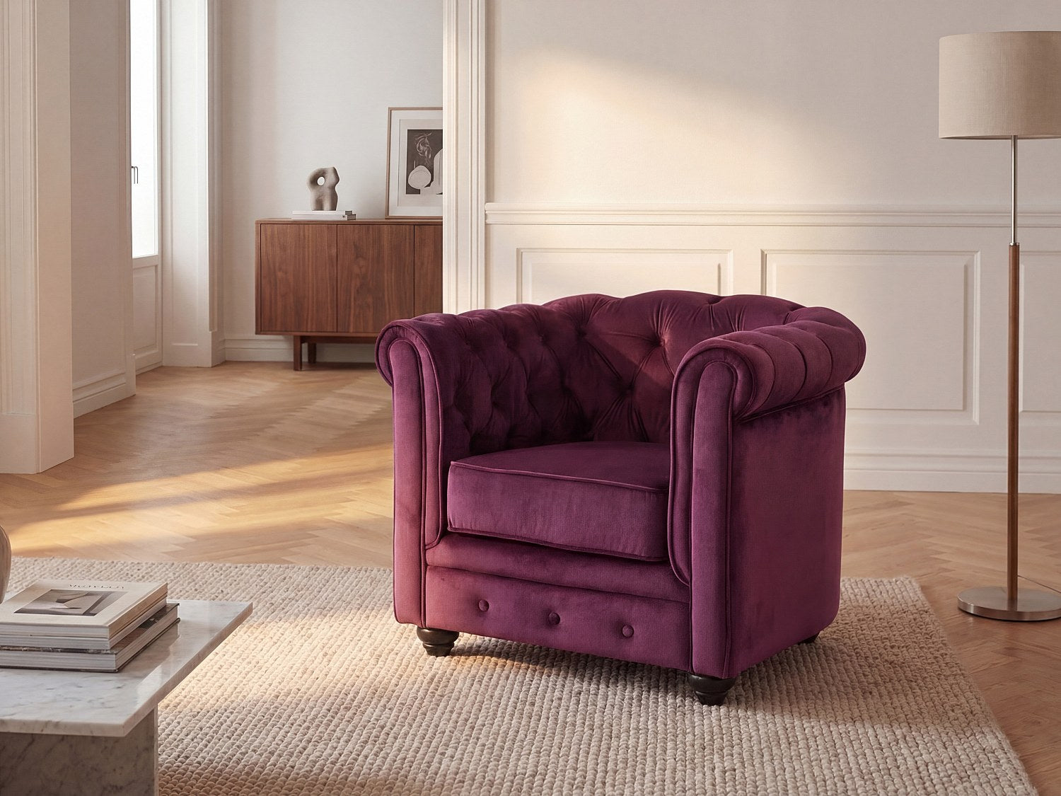 Fauteuil Chesterfield rouge velours