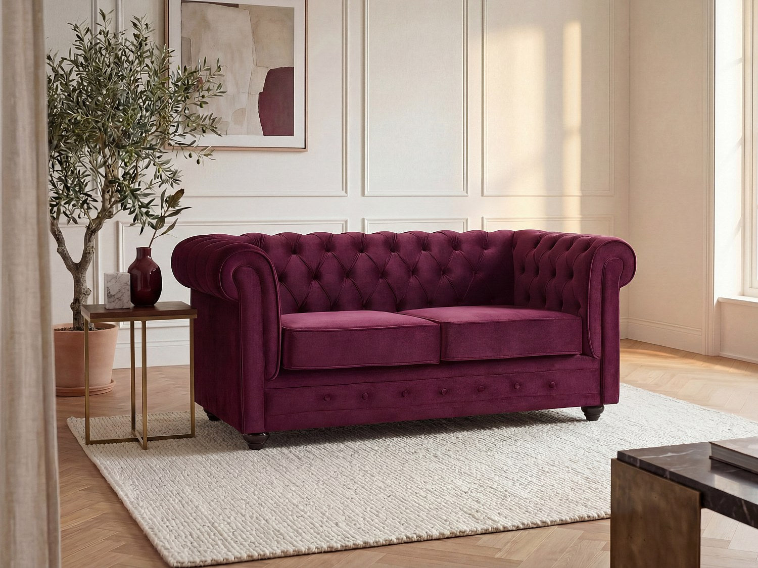 Canapé Chesterfield droit 2 places rouge velours