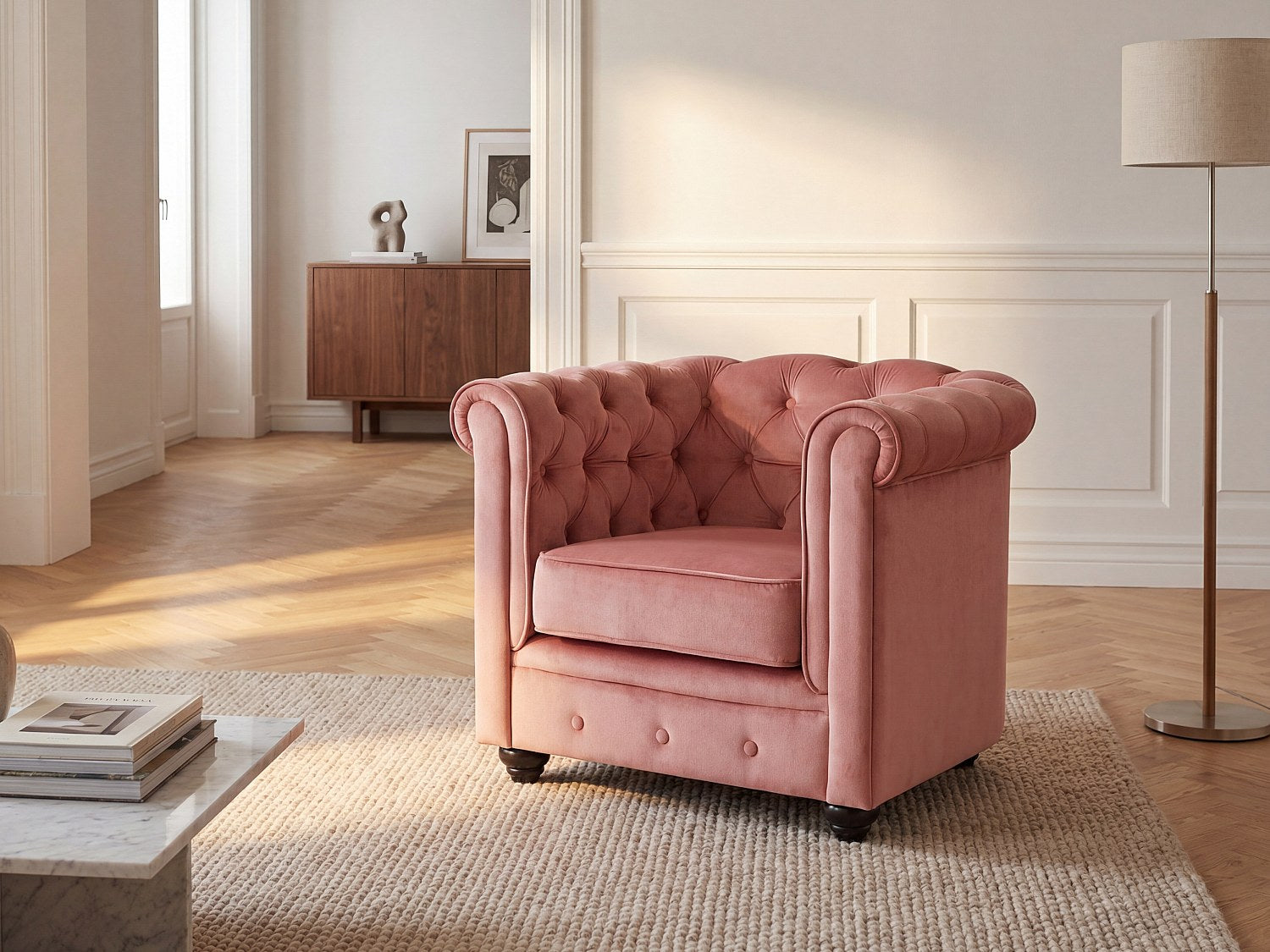 Fauteuil Chesterfield rose velours