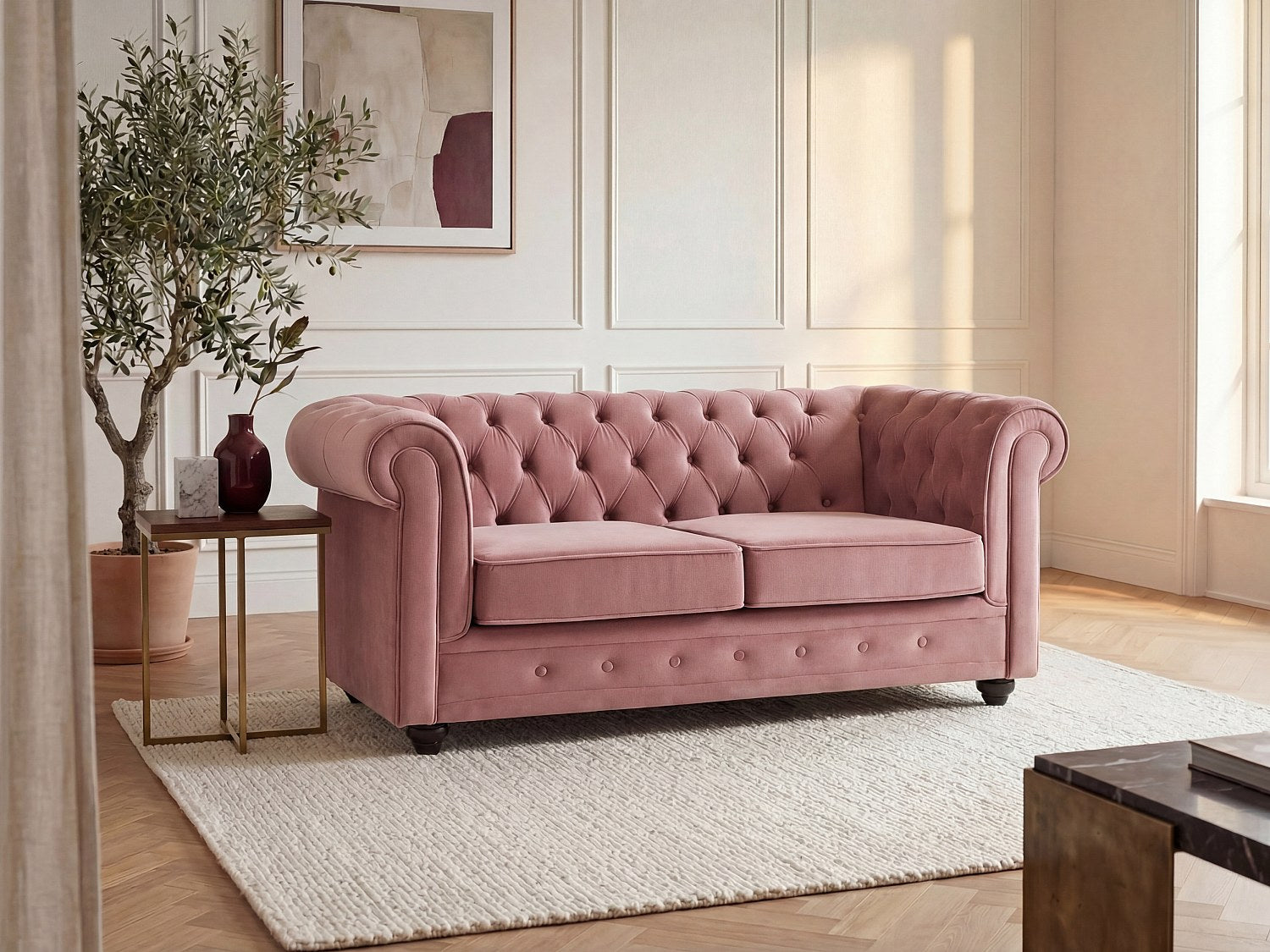Canapé Chesterfield droit 2 places rose velours