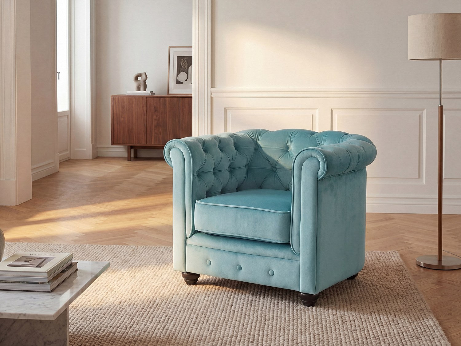 Fauteuil Chesterfield bleu velours