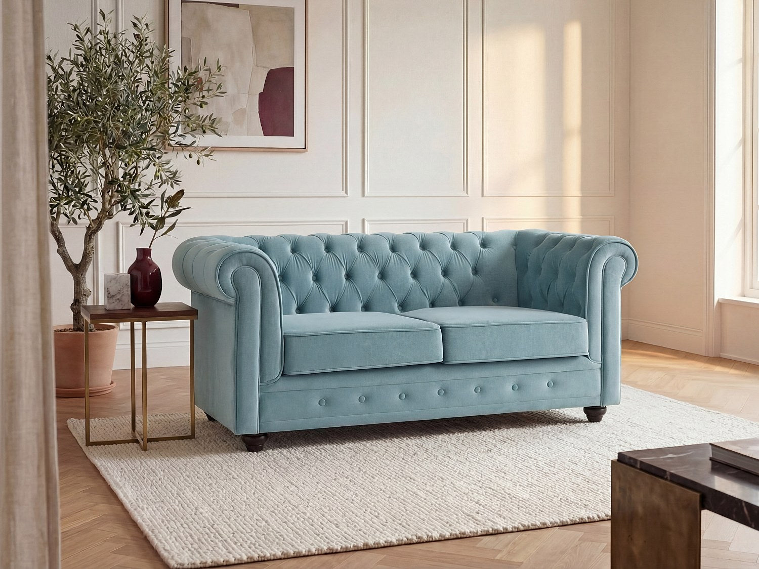 Canapé Chesterfield droit 2 places bleu velours