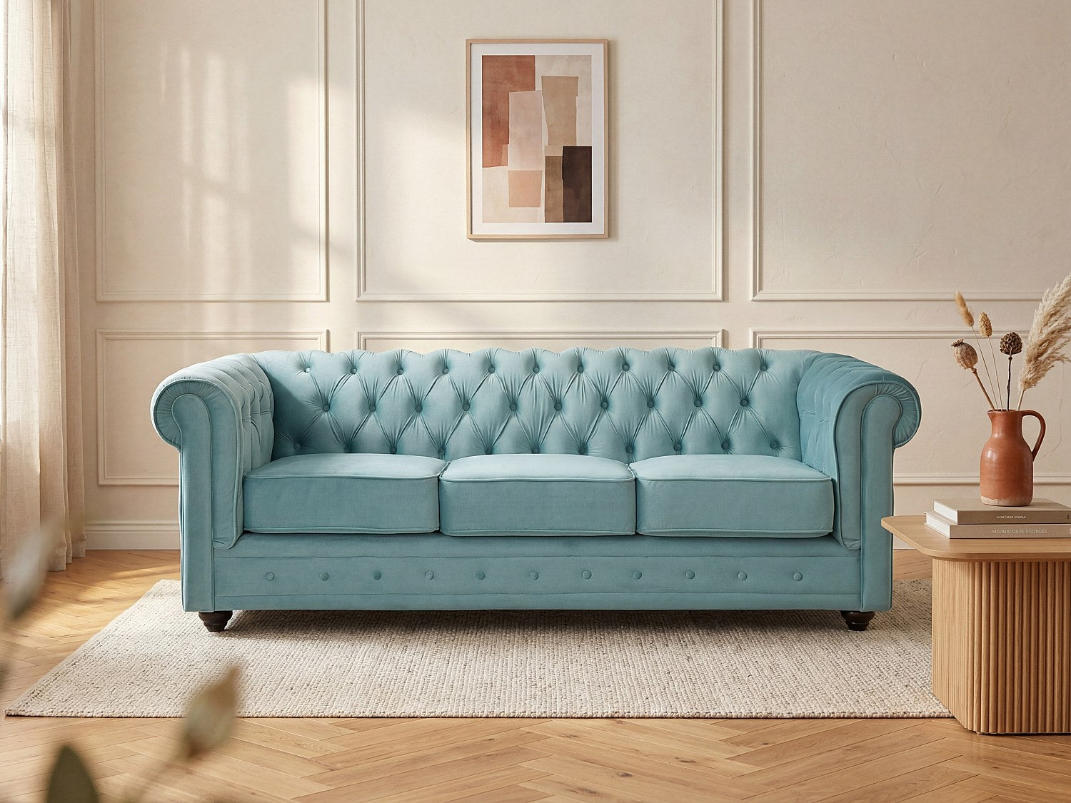 Canapé Chesterfield droit 3 places bleu velours