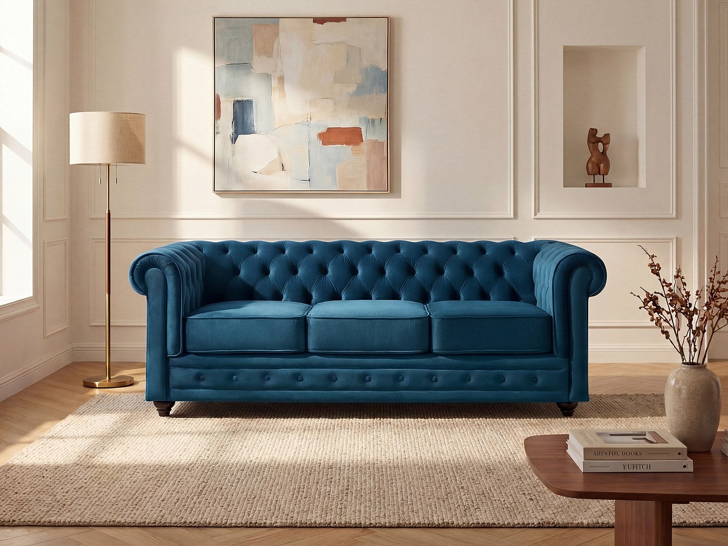 Canapé Chesterfield droit 3 places bleu velours