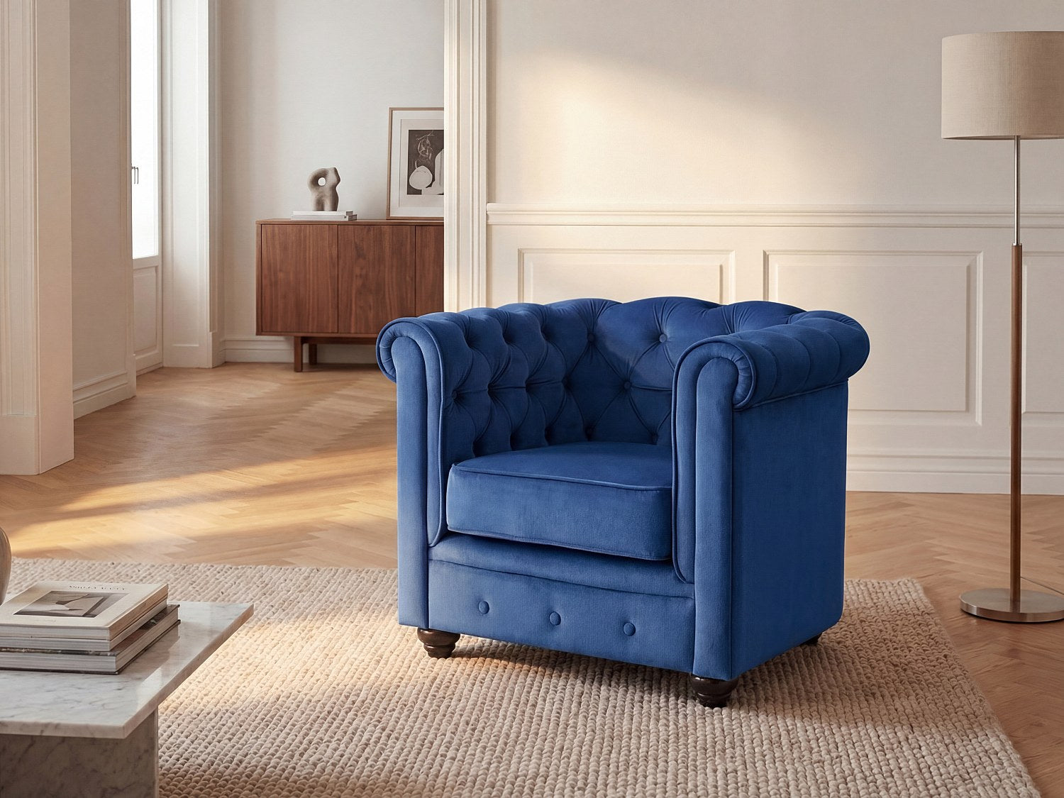 Fauteuil Chesterfield bleu velours