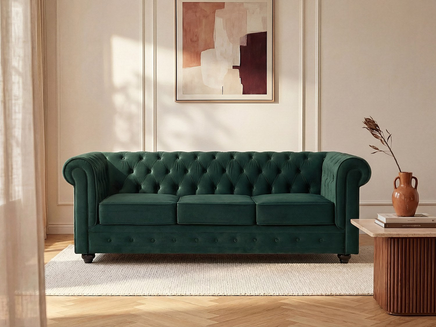 Canapé Chesterfield droit 3 places vert velours