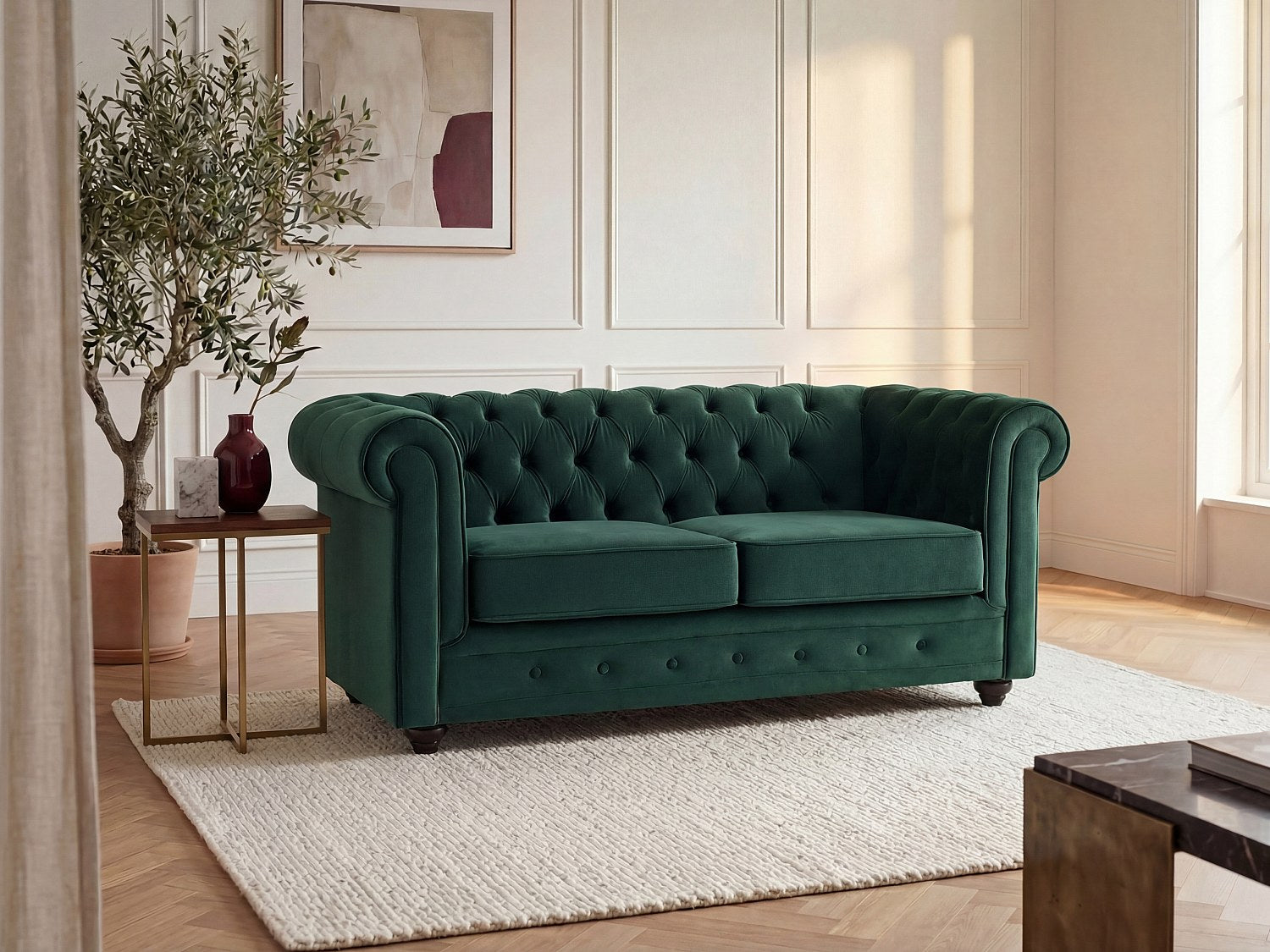 Canapé Chesterfield droit 2 places vert velours