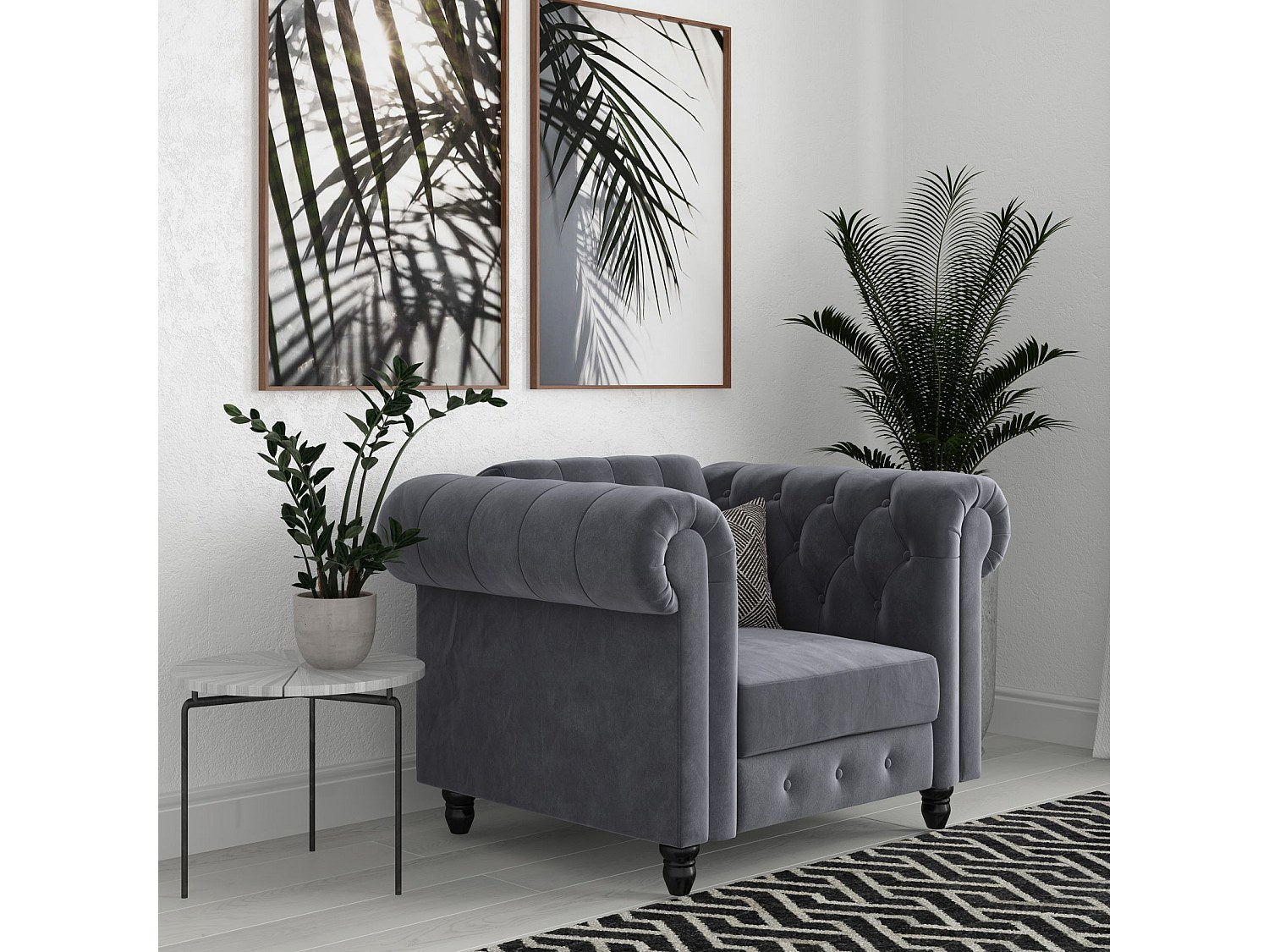 Fauteuil Chesterfield gris velours