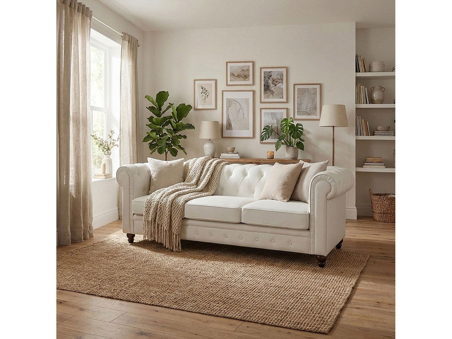 Canapé Chesterfield droit 3 places blanc simili cuir