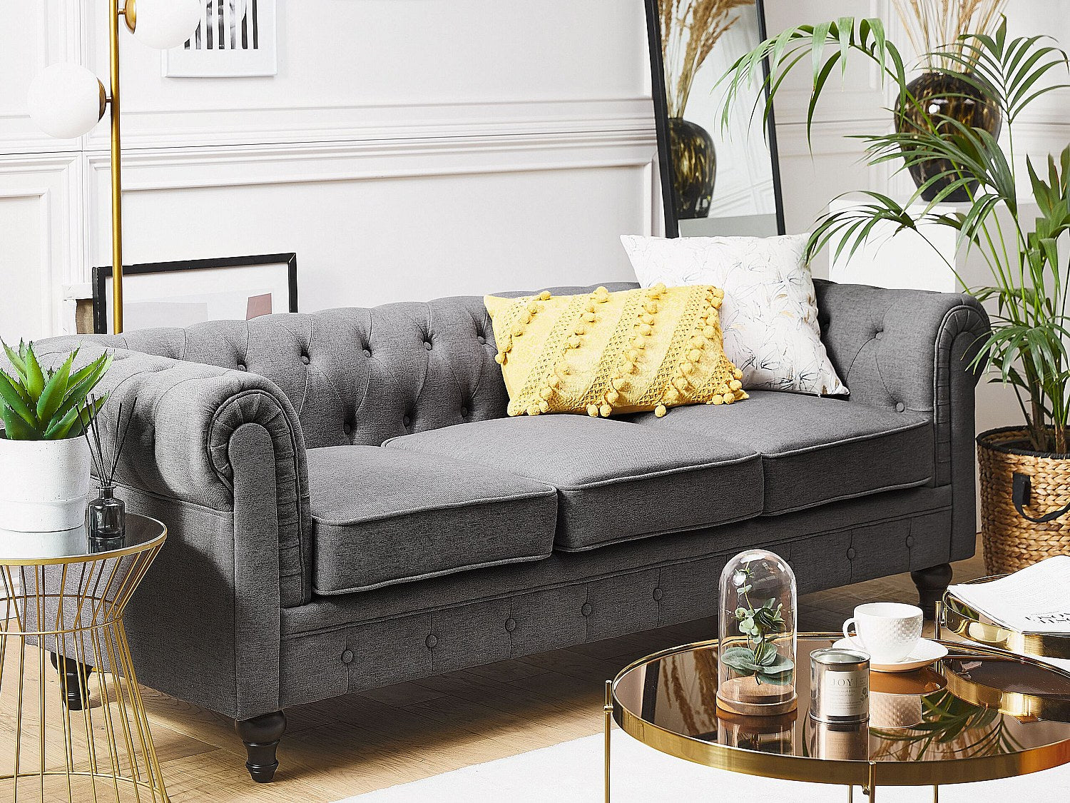 Canapé Chesterfield droit 3 places gris tissu
