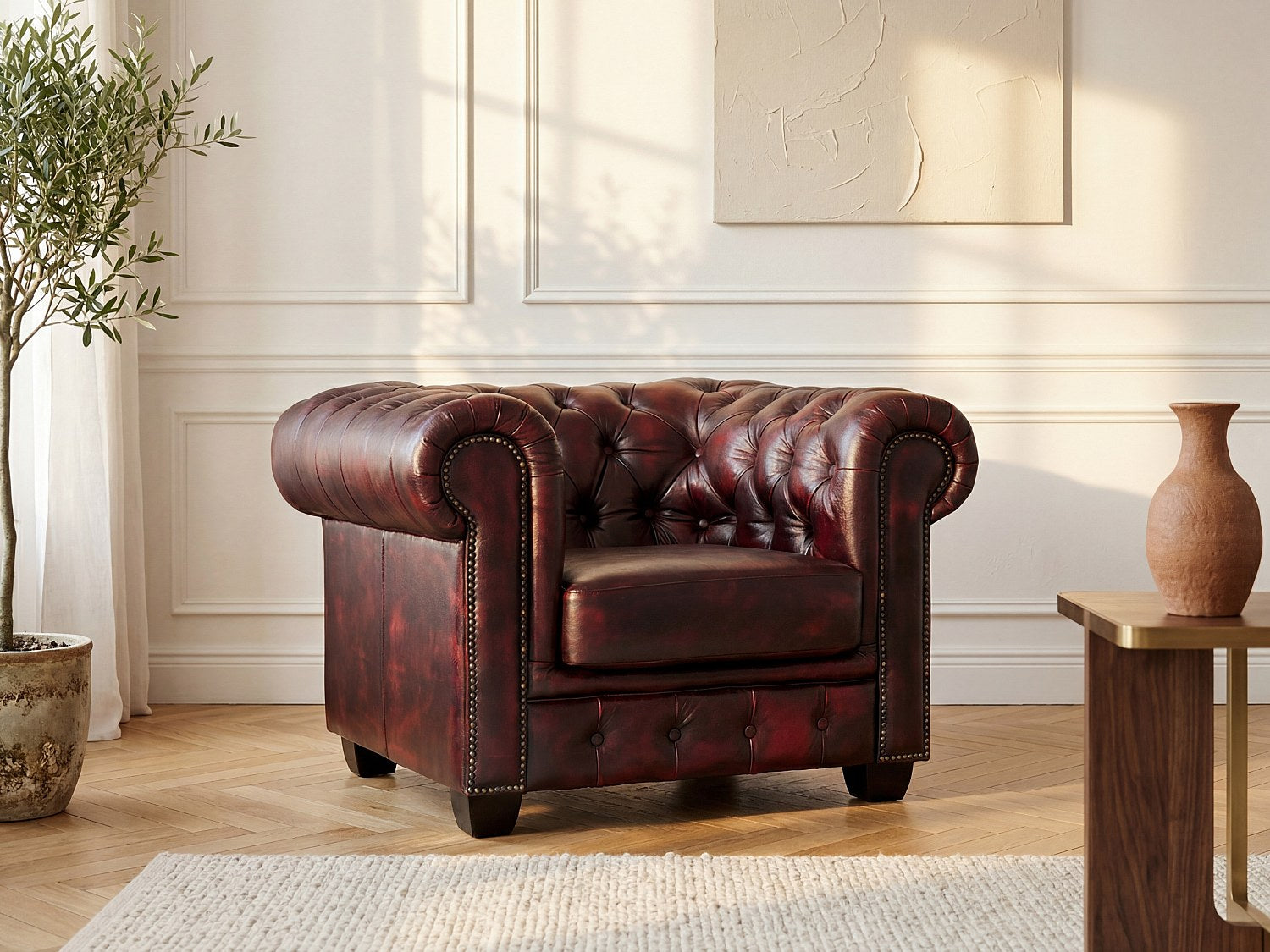 Fauteuil Chesterfield rouge cuir - Brenton