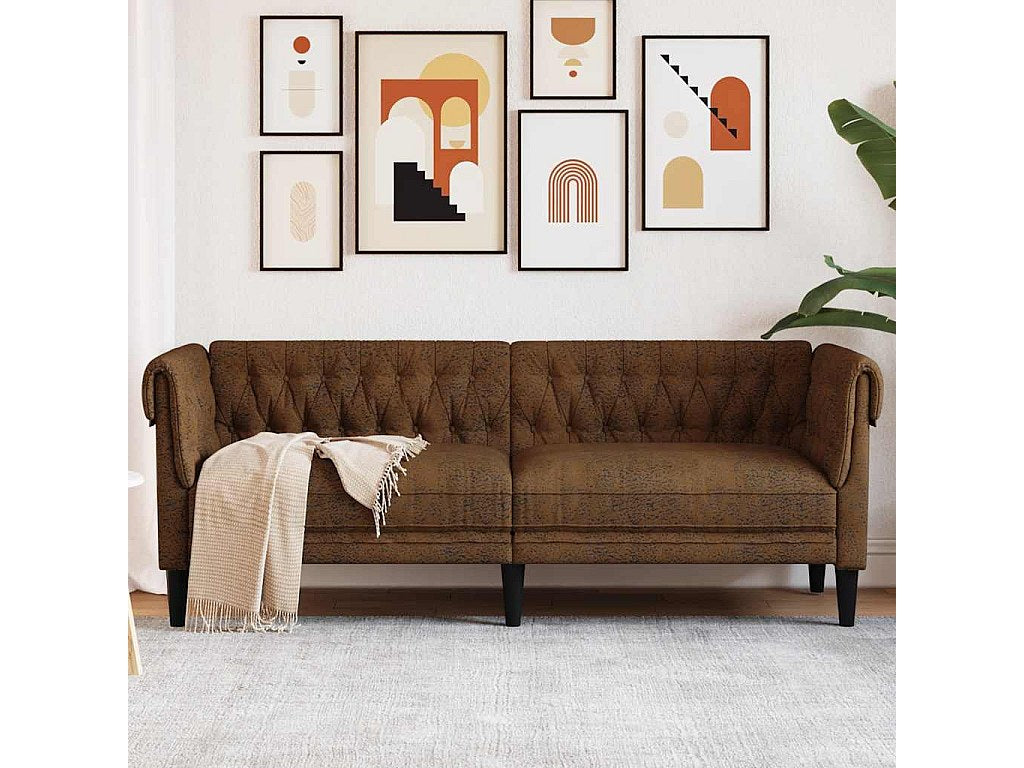 Canapé Chesterfield droit 3 places marron tissu