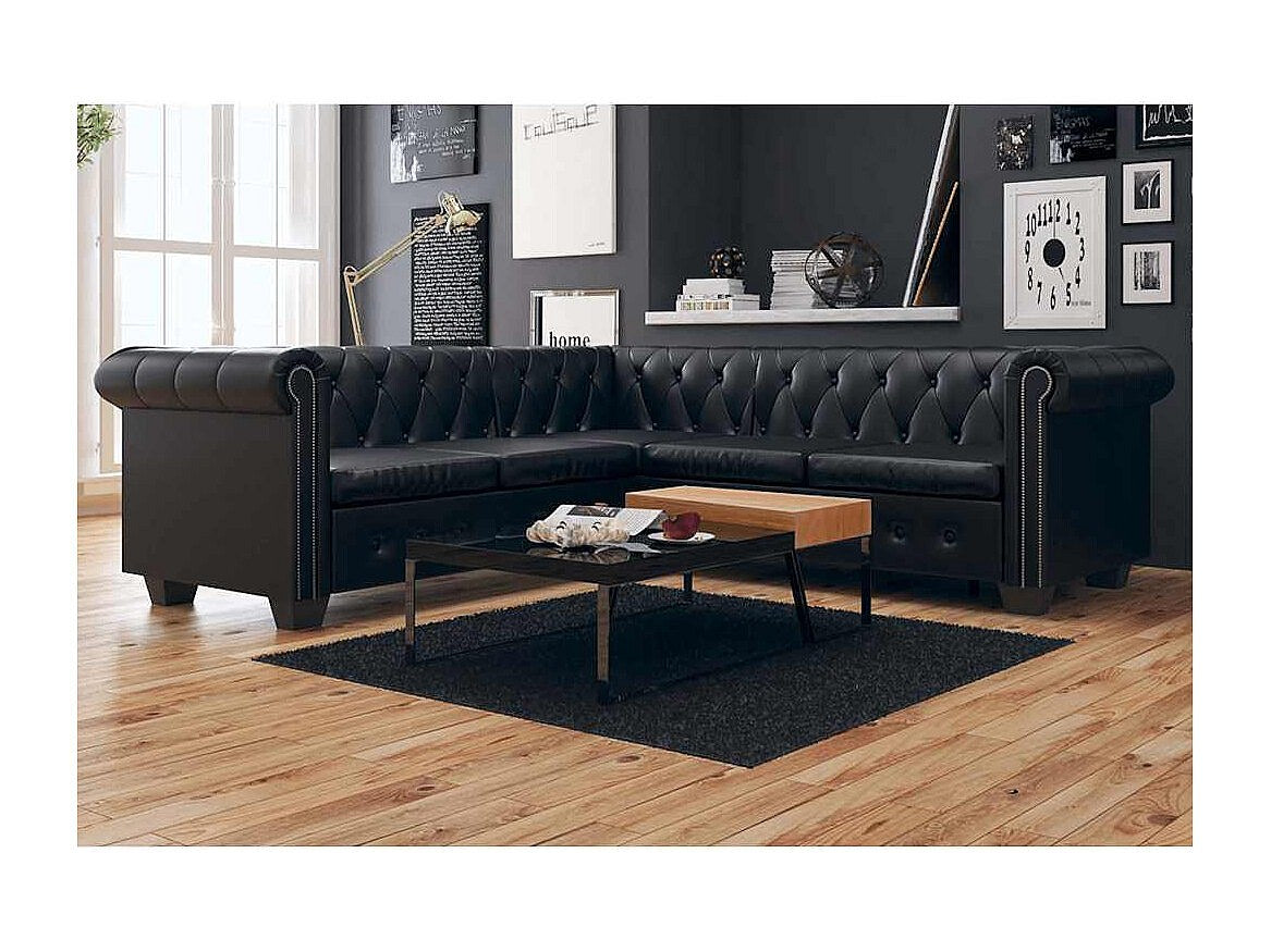 Canapé Chesterfield angle 5 places noir simili cuir